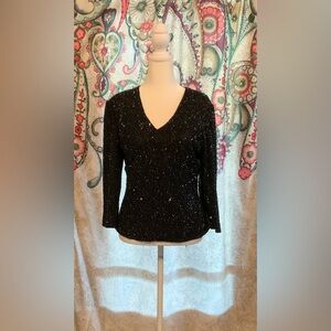 Laurence Kazar Black beaded Blouse M Festive Holiday Vintage